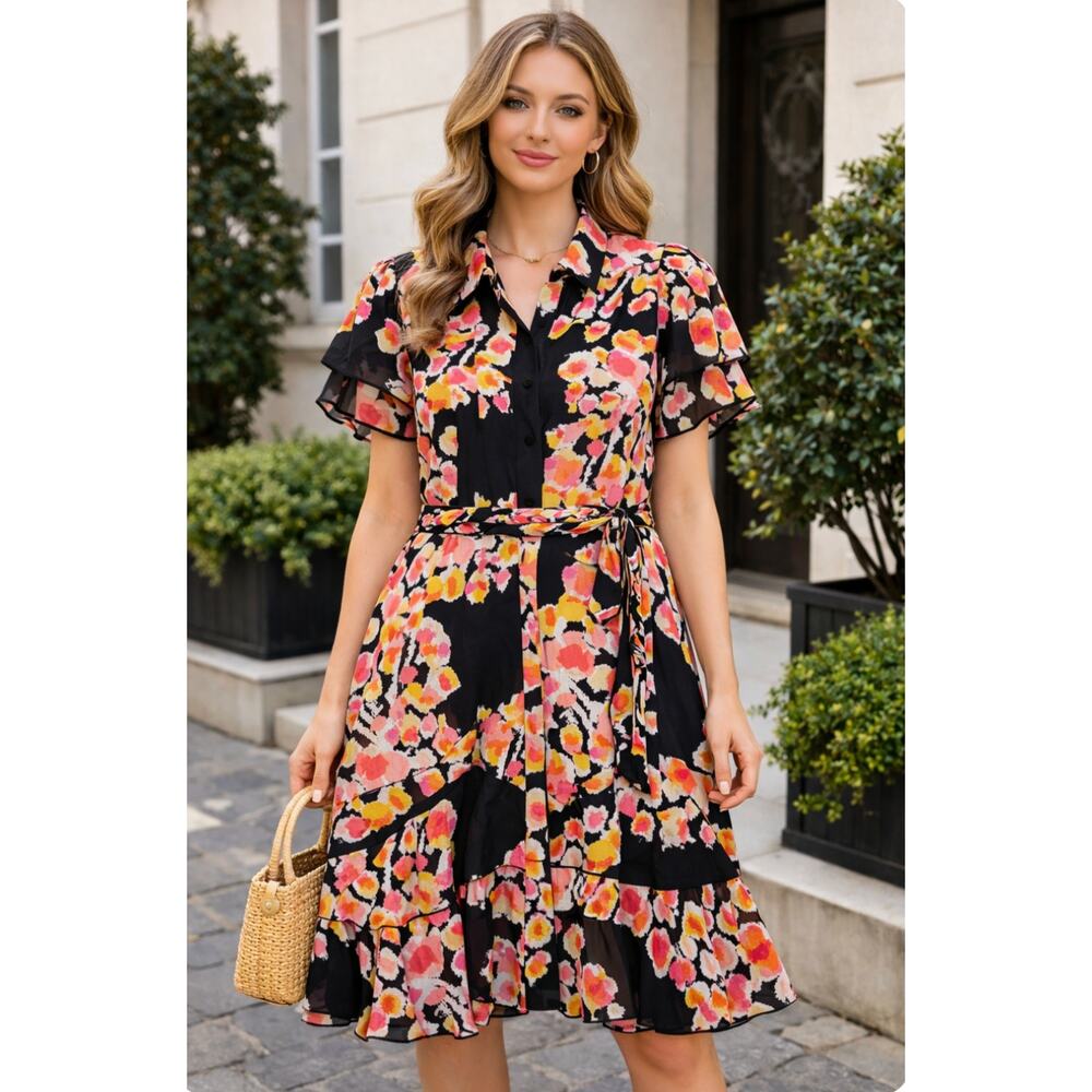 DYVNA NEW Silk Floral Tiered Shirt Dress Pink Black Ruffle Sleeve Belted Size 16